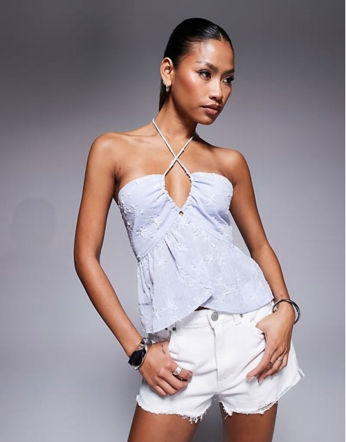embroidered halterneck cut out peplum top in blue