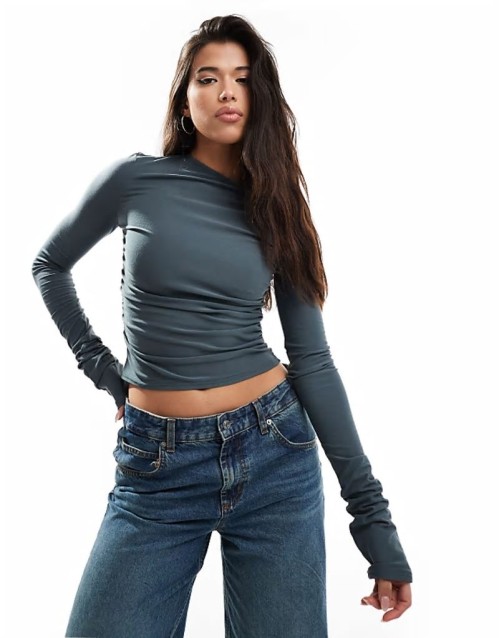 super-soft off shoulder ruched long sve top in charcoal