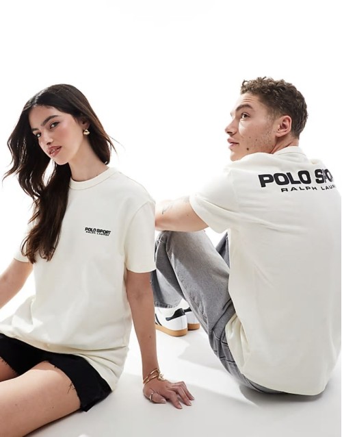 Sport capsule unisex front and back logo print heavyweight t-shirt in cream