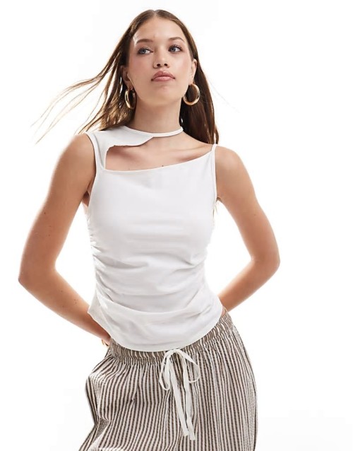cut out detail ruched side top in white