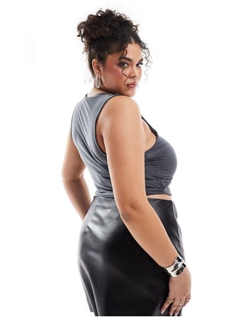 Curve double layer slinky crop top in charcoal