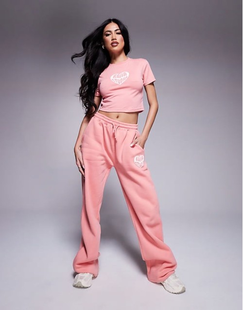 Premium heart logo baby tee, hoodie and joggers co-ord in peach