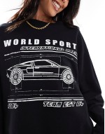 long sve skate top with world sports car graphic in black