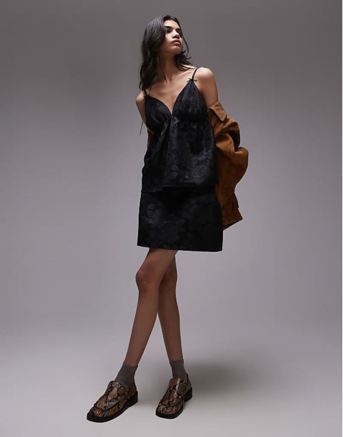 floral jacquard top and skirt co ord in black