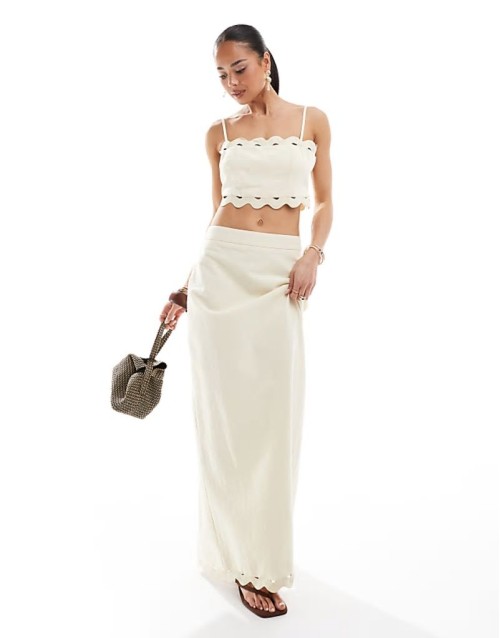 linen look scallop trim top and maxi skirt co-ord in buttercream
