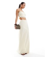 linen look scallop trim top and maxi skirt co-ord in buttercream