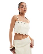 linen look scallop trim top and maxi skirt co-ord in buttercream