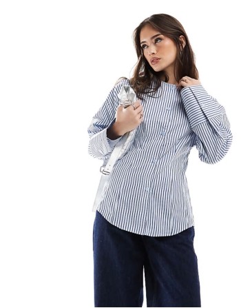poplin collarless cinch waist shirt in stripe