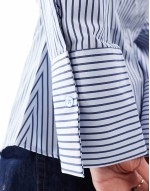 poplin collarless cinch waist shirt in stripe