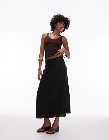 linen wrap beach midi skirt in black