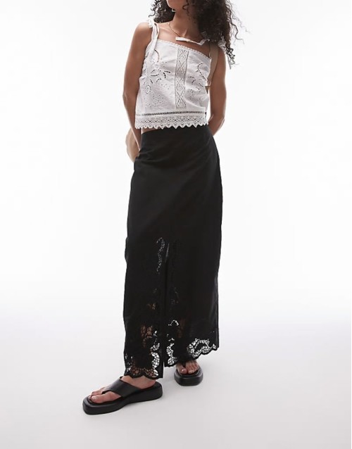 cutwork trim midi skirt in black
