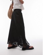 cutwork trim midi skirt in black