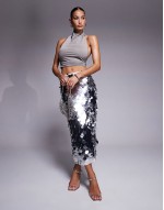 large sequin midi skirt in silver