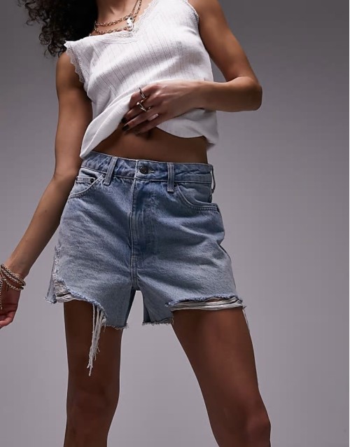 Premium denim a-line Mom Shorts with rip in vintage blue