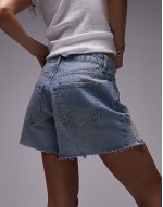 Premium denim a-line Mom Shorts with rip in vintage blue
