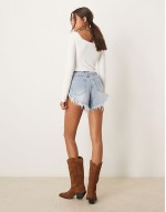 distressed high waisted denim shorts in denim wash