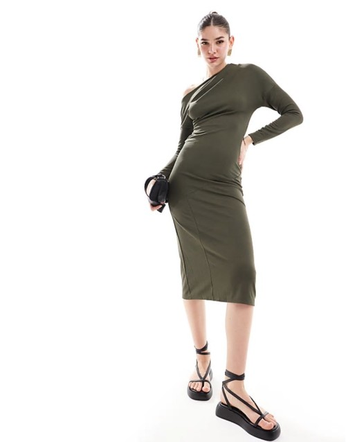 long sve drape detail midi dress in khaki