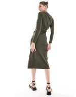 long sve drape detail midi dress in khaki