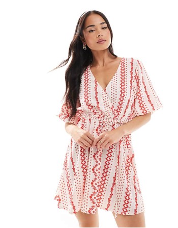 wrap detail stripe print mini dress in pink