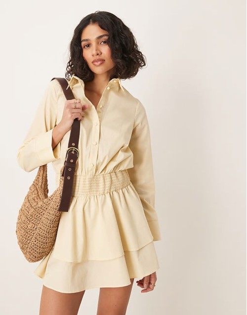 shirring detail shirt mini dress in stone