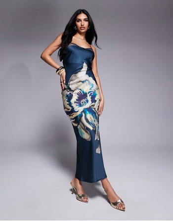 lace insert satin maxi dress with tie back in overblown floral print
