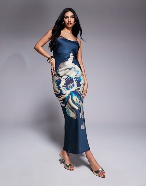lace insert satin maxi dress with tie back in overblown floral print