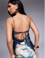 lace insert satin maxi dress with tie back in overblown floral print