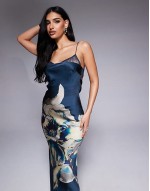 lace insert satin maxi dress with tie back in overblown floral print