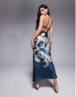 lace insert satin maxi dress with tie back in overblown floral print