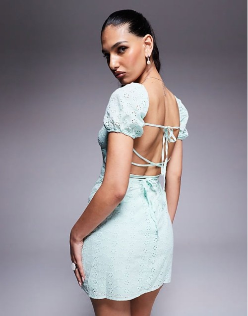 broderie puff sve open tie back mini dress in turquoise