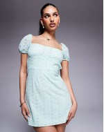 broderie puff sve open tie back mini dress in turquoise