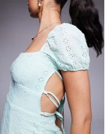 broderie puff sve open tie back mini dress in turquoise