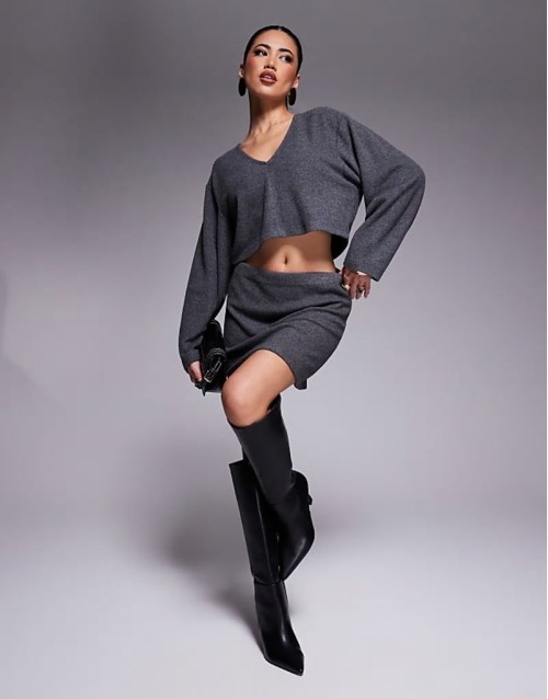 co-ord brushed deep v-neck long sve top and mini skirt in charcoal