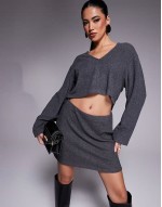 co-ord brushed deep v-neck long sve top and mini skirt in charcoal