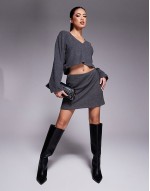 co-ord brushed deep v-neck long sve top and mini skirt in charcoal
