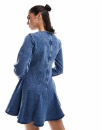 denim seamed mini dress in blue