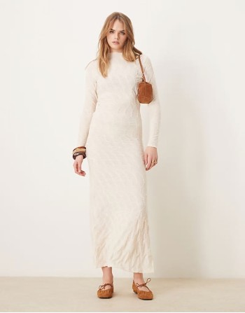 long sve high neck textured maxi dress in birch cream