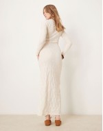 long sve high neck textured maxi dress in birch cream
