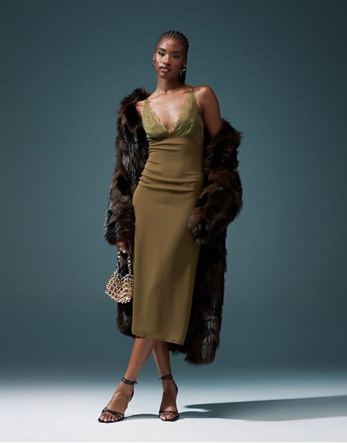 lace cami midi dress in khaki