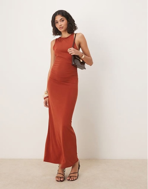 asym curved back midi dress in dark red
