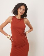 asym curved back midi dress in dark red
