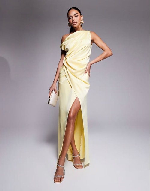 asymmetric drape satin maxi dress in lemon
