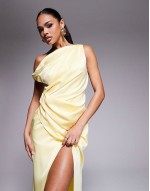 asymmetric drape satin maxi dress in lemon