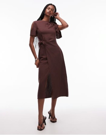 linen blend dress with wrap skirt and tie neck detail in brown