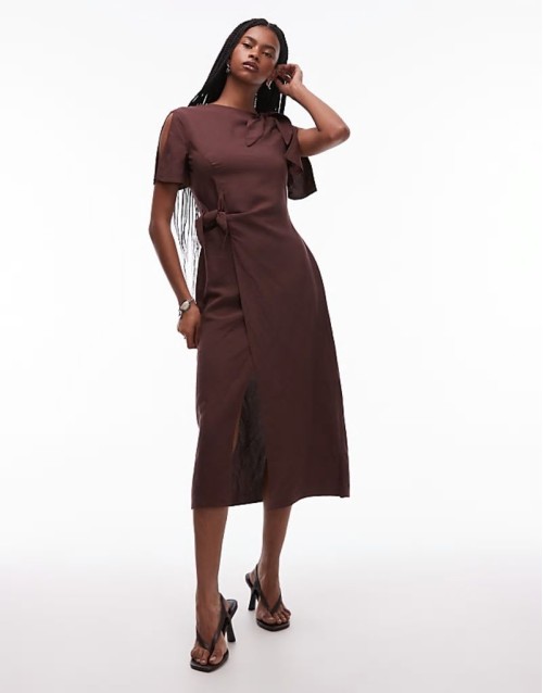 linen blend dress with wrap skirt and tie neck detail in brown