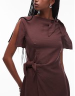 linen blend dress with wrap skirt and tie neck detail in brown