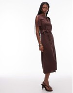 linen blend dress with wrap skirt and tie neck detail in brown