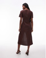 linen blend dress with wrap skirt and tie neck detail in brown
