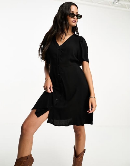 button through mini skater dress in black