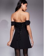 shirred bust detail corset  lace up back mini dress in black